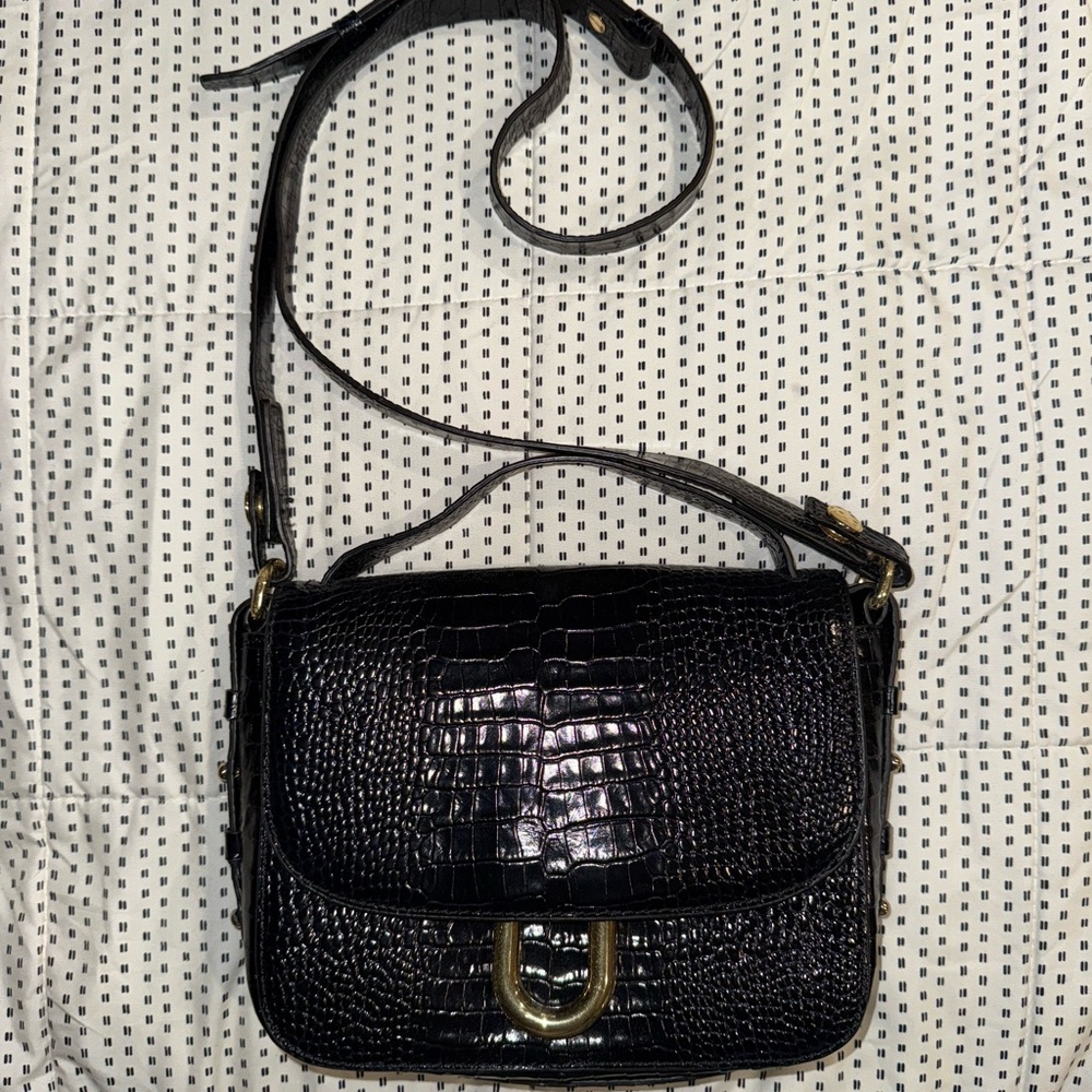 Jcrew Black Crocodile-Embossed Shoulder Bag